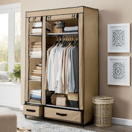 Fabric Storage Wardrobe Closet with Drawers and Hanging Bar, , large