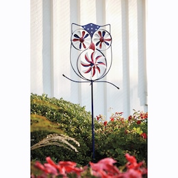 Americana Owl Wind Spinner Yard Stake, , large