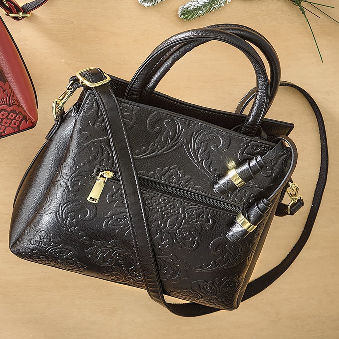 Embossed Floral Satchel with Crossbody Strap, , large