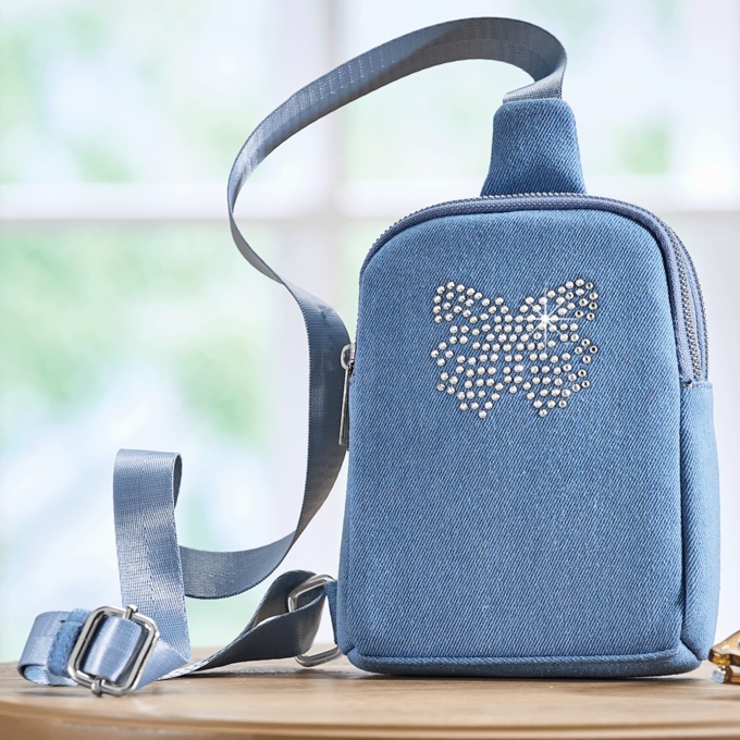 Studded Butterfly Distressed Denim Sling Bag with Adjustable Strap, Denim Blue, large
