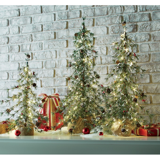 Pre-Lit Tabletop Snowy Trees with Burlap Base, Set of 3, , large