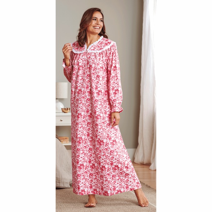 Flannel Cotton Nightgown with Lace Trim, , large