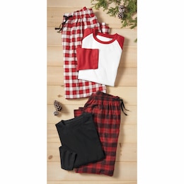 4-Piece Men&rsquo;s Red/Black Plaid PJ Set with Cotton Knit Tops and Flannel Pants, , large