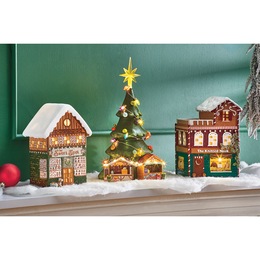 Lit Snowy Village Buildings, , large