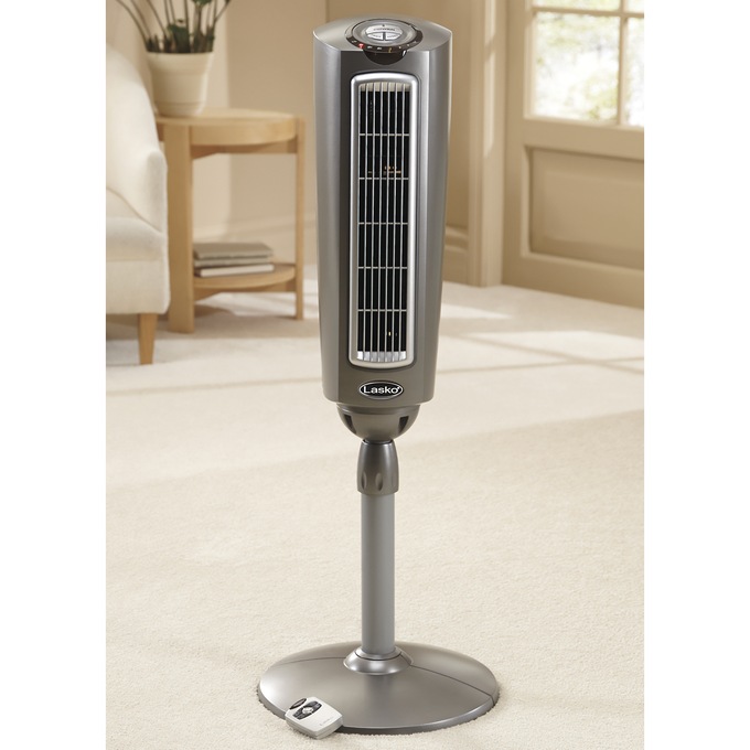 Lasko 52" Adjustable Space-Saving Oscillating Pedestal Tower Fan with 3-Speeds, Timer and Remote, Gray, , large