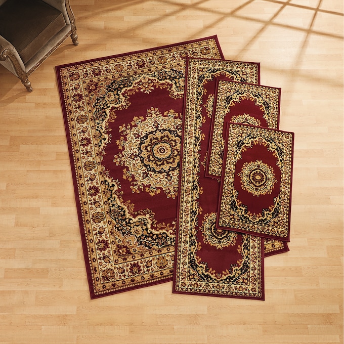 4-Piece Plush Floral Kirman Rug Set with Runner and Mats, Burgundy, large