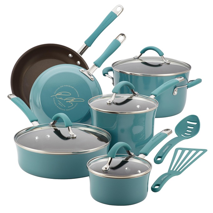 Rachael Ray 12-Piece Cucina Porcelain Aluminum Cookware, Agave Blue, large