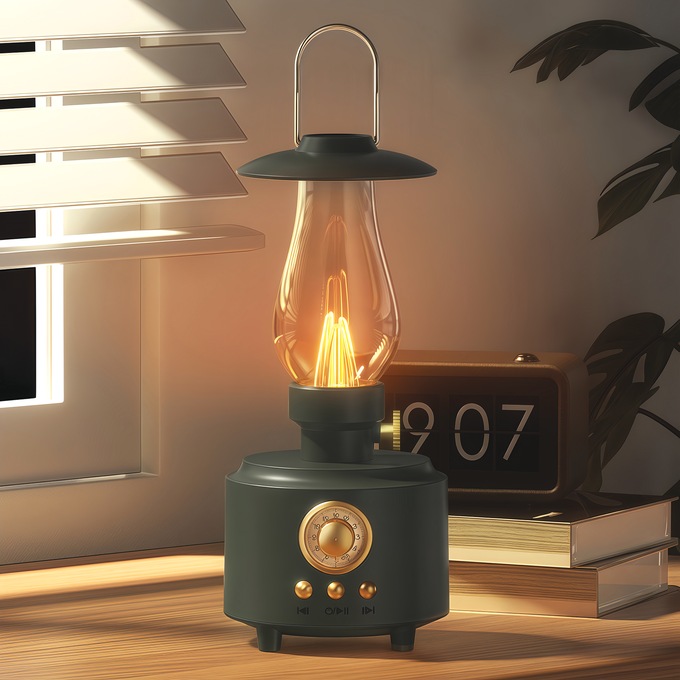 LED Vintage-Style Lantern Wireless and Portable Bluetooth Speaker, Olive, large