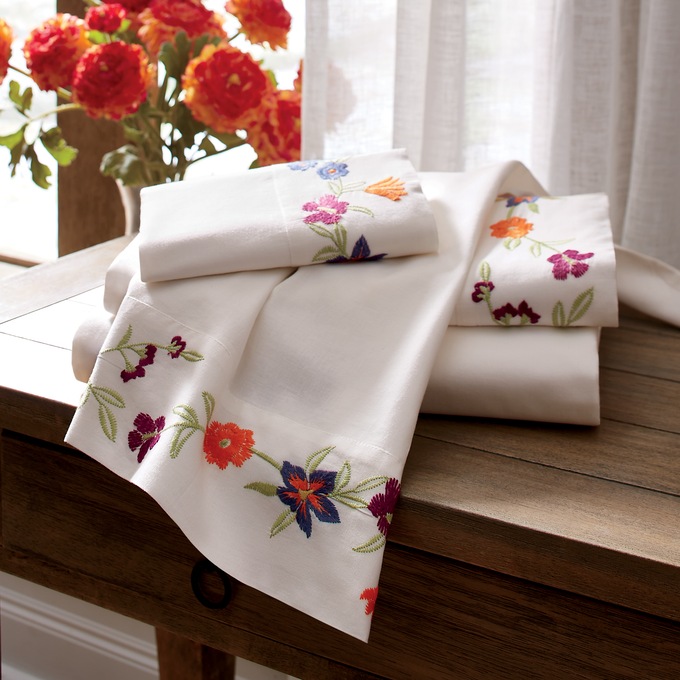 Floral Embroidered Cotton Sheet Set, , large