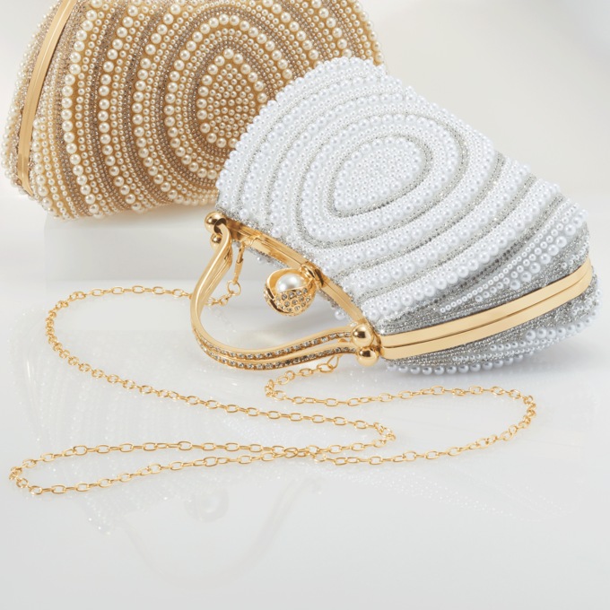 Faux Pearl Embellished Clutch with Catch Closure, , large