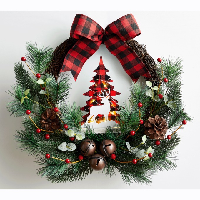 Lit Holiday Christmas Tree Wreath, , large