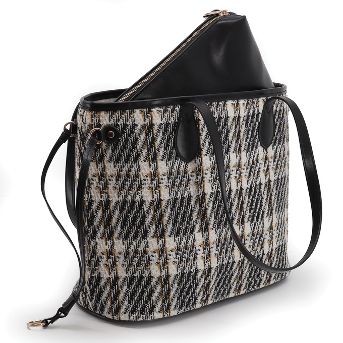 Plaid Tote with Pouch, Black White Plaid, large