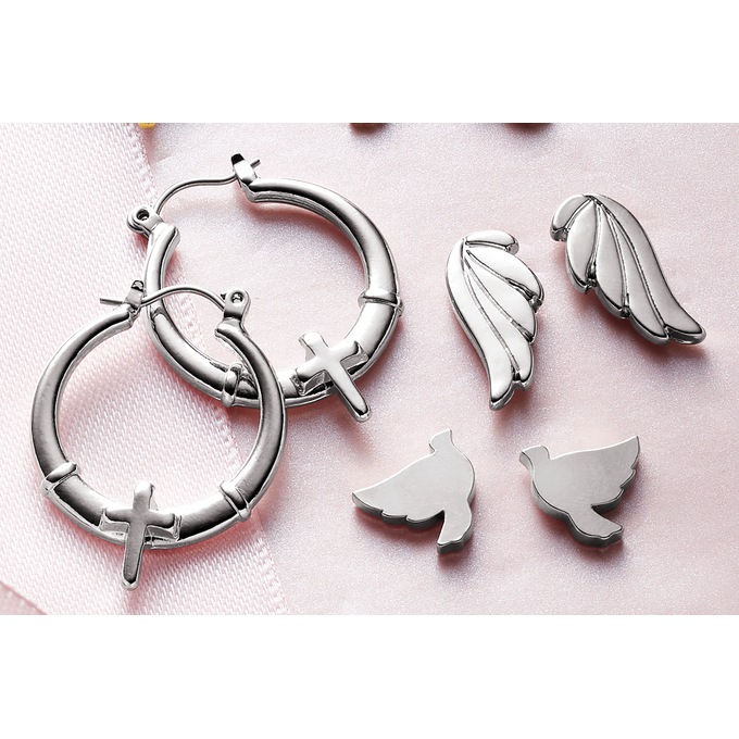3-Pair Faith Earring Set, Silvertone, large