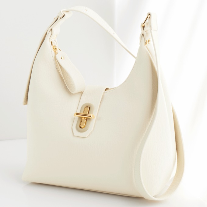 MC Gill Hobo Handbag with Zip Closure and Twist Lock, Rice White, large