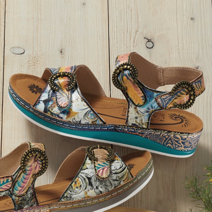 L'Artiste Offtrak Hand-Painted Leather Sandal with Low Heel and Adjustable Fit, , large