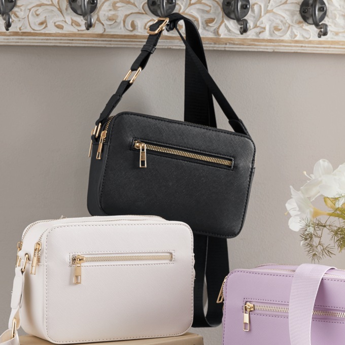 Faux Leather Square Crossbody with Zip Closures, Black, large