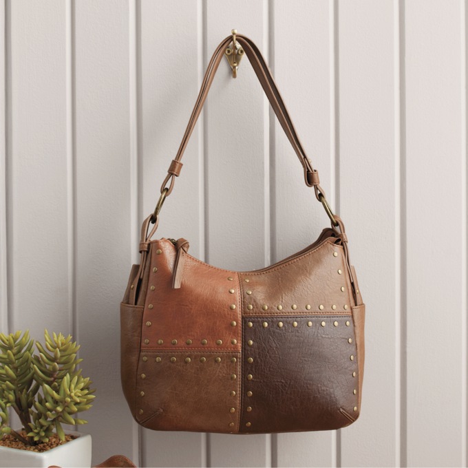 Carmel Stud Panel Handbag, Brown Multi Brown, large