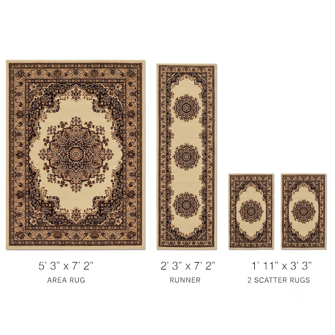 4-Piece Plush Floral Kirman Rug Set with Runner and Mats, Ivory, large