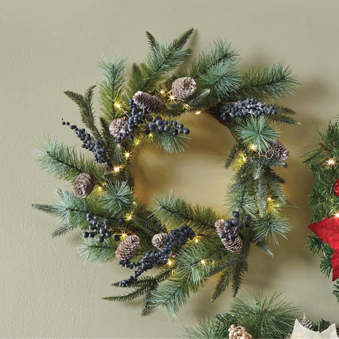 Lit Faux-Blueberry Wreath, , large