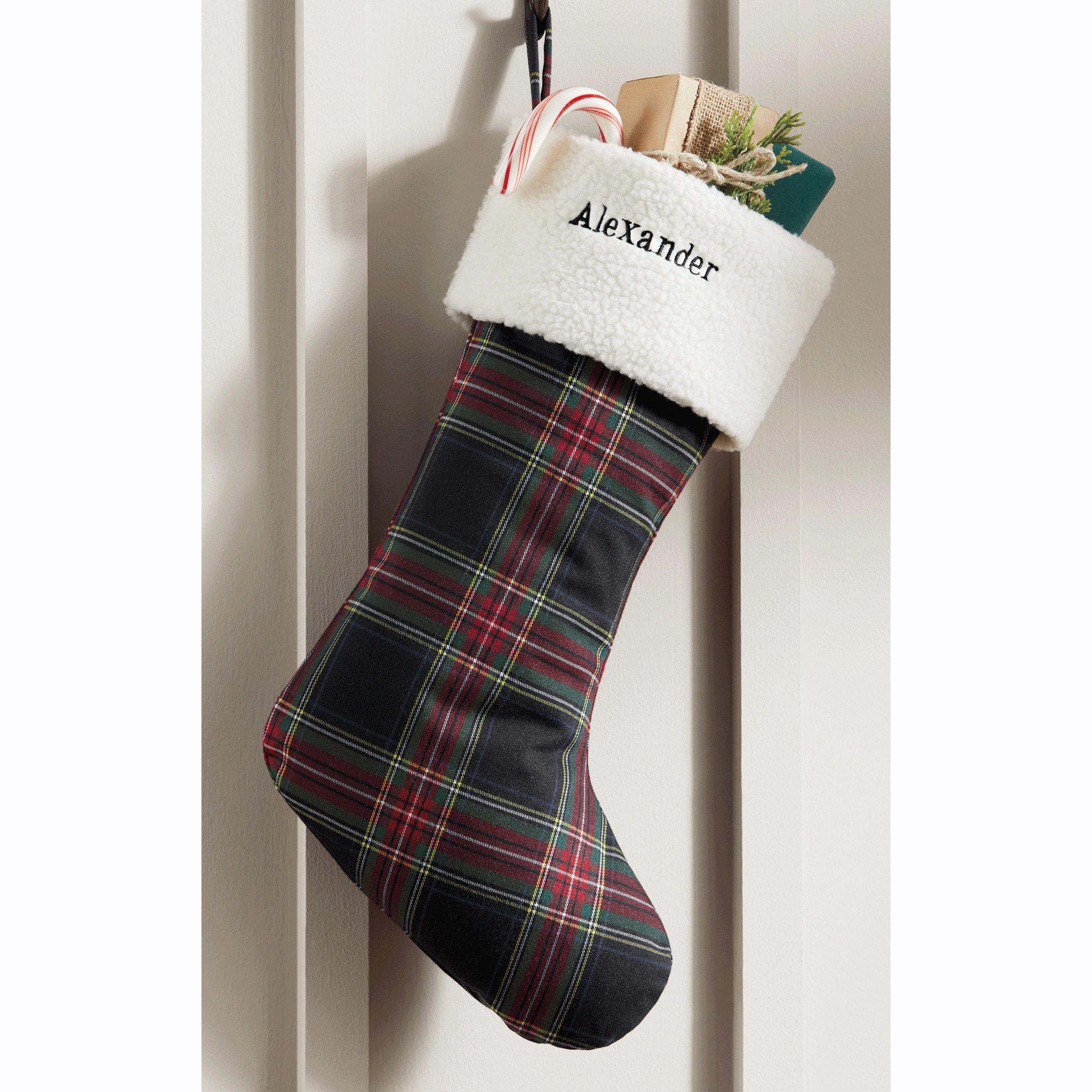 Plaid Stocking with Sherpa Trim, , large