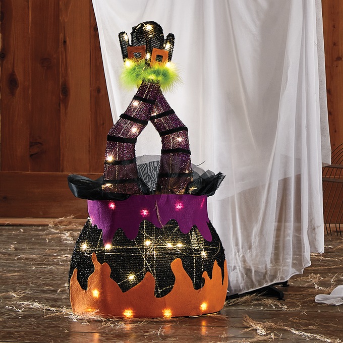 Lit Witch In Cauldron Décor, , large