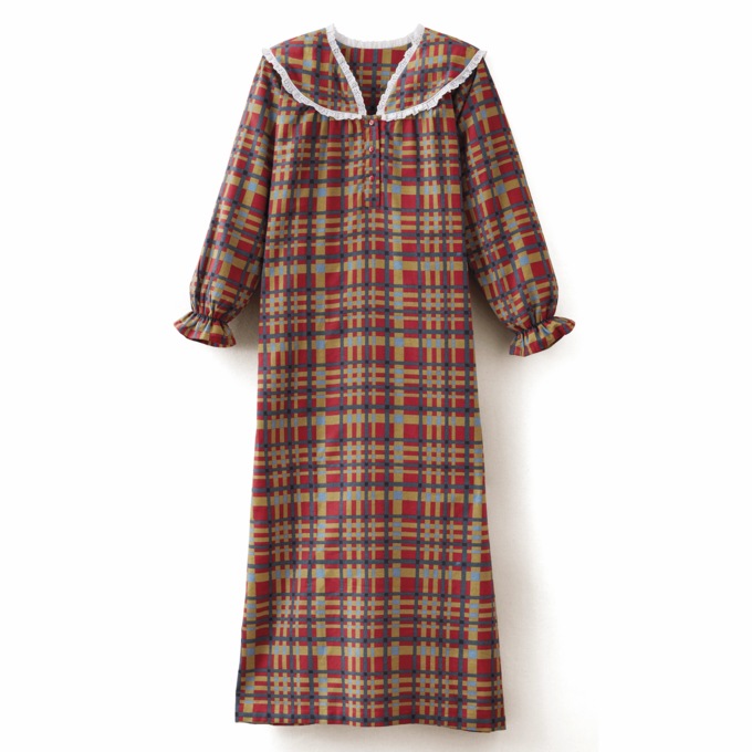 Flannel Cotton Nightgown with Lace Trim, , large
