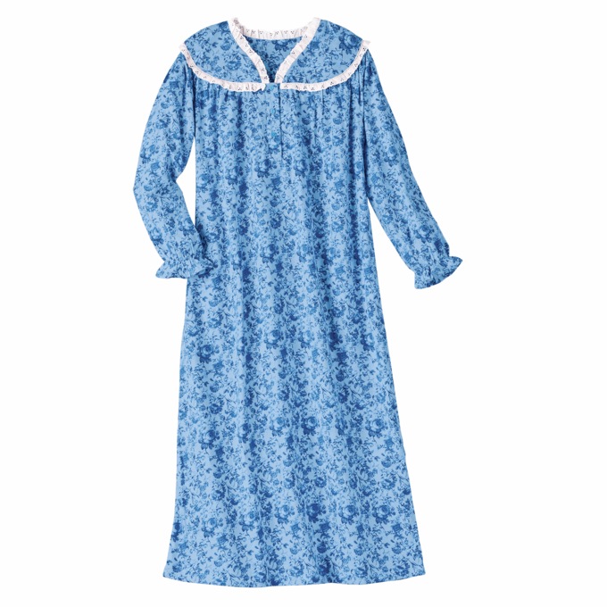 Flannel Cotton Nightgown with Lace Trim, , large