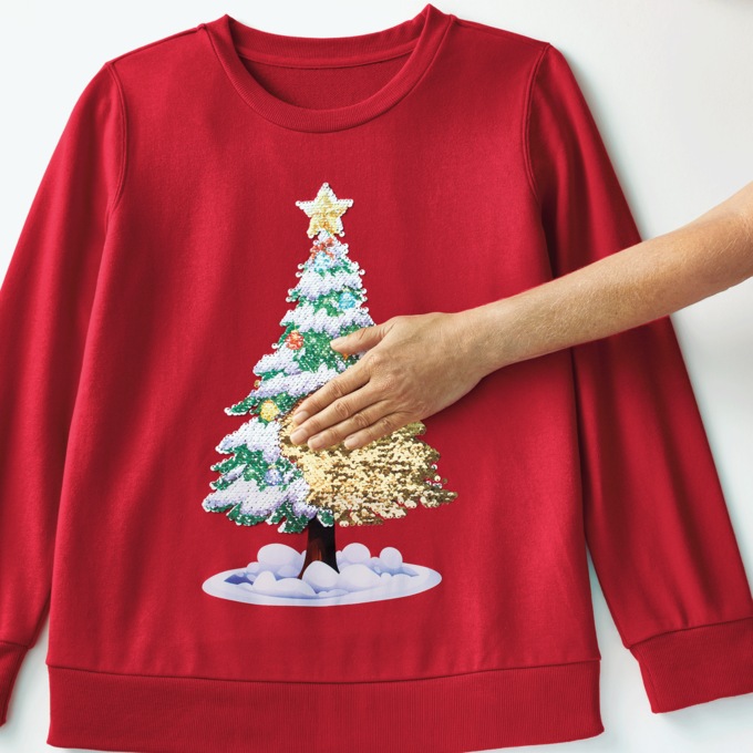 Flip Sequin Christmas Tree Crewneck Sweatshirt with Reversible Sequins, Red, large