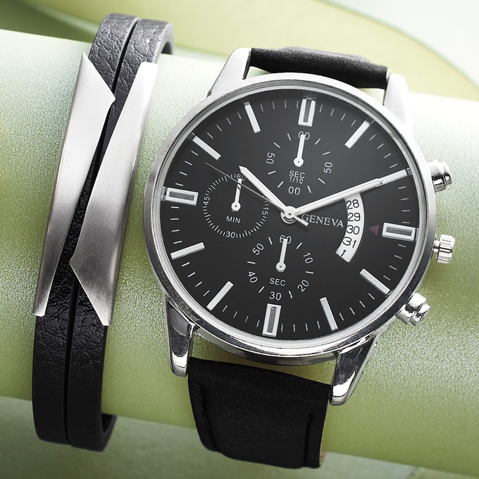 Men's Strap Watch & Bracelet Set, , large