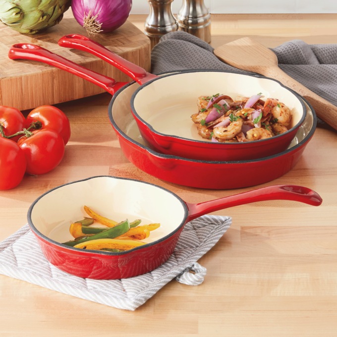 3-Piece Enameled Cast Iron Skillet Set, Delicious Red, large