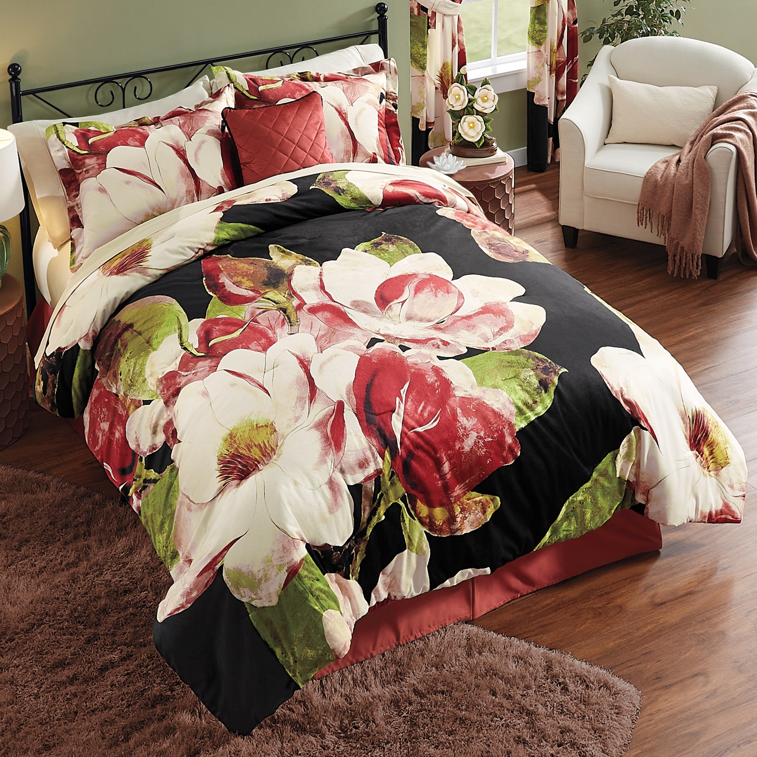 Magnolia Velvet Comforter Set, Accent Pillow and Window Treatments