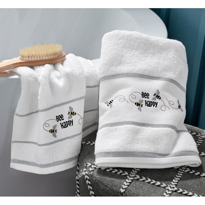 2-Piece Bee Happy Embroidered Towel Set, , large