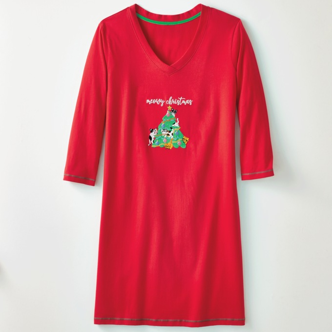 Novelty Holiday Sleep Shirt with Embroidered Christmas Graphic, , large