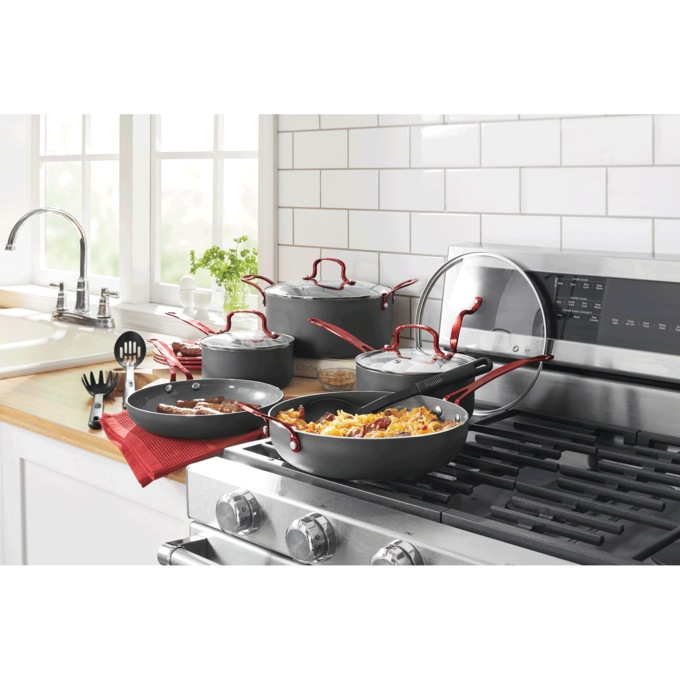 Chef Tested 12-Piece Metallic Handle Cookware Set, Black with Metallic Red Handles, large