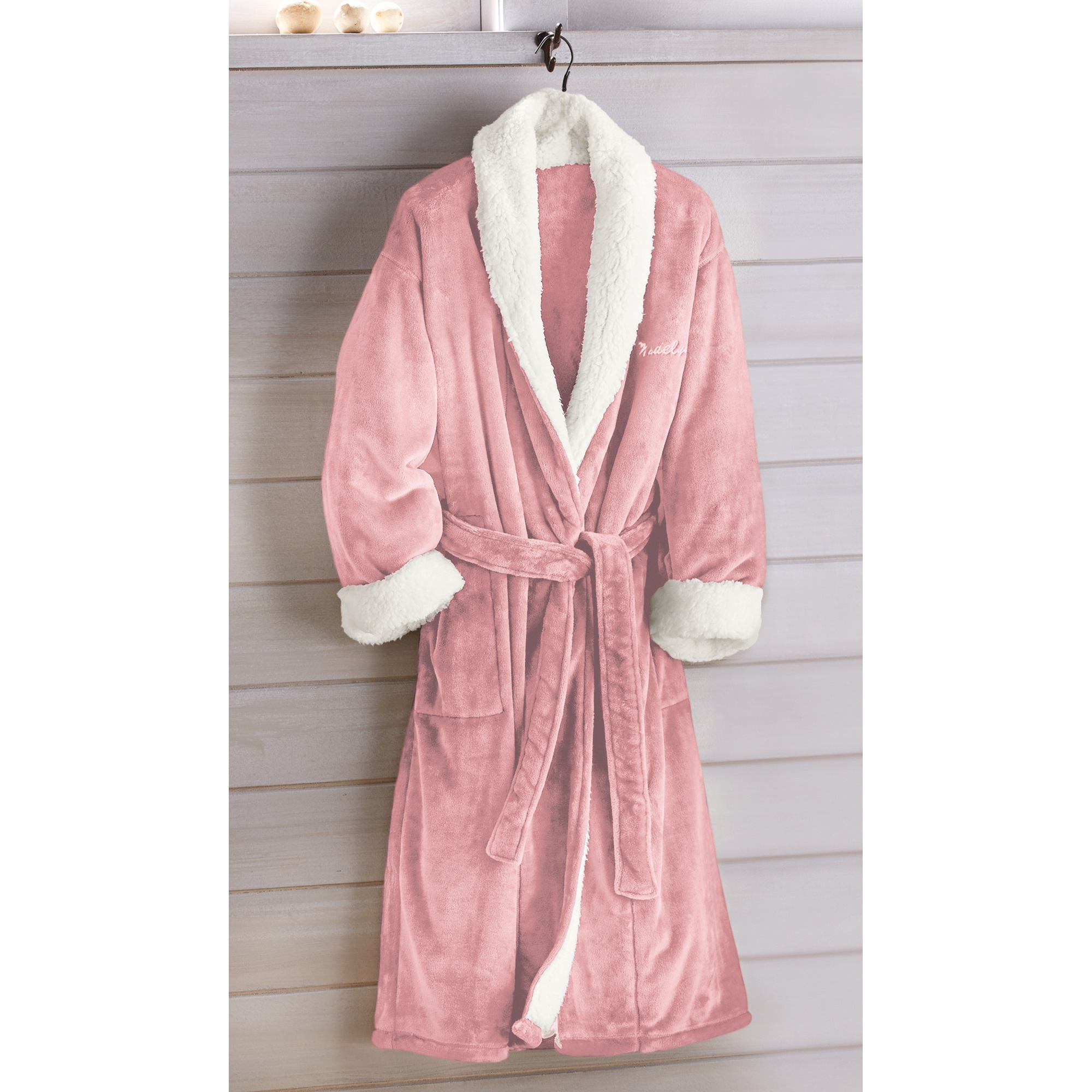 Faux-Sherpa Trim Unisex Robe, Rosewood, large