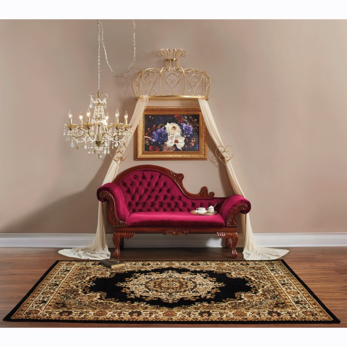 4-Piece Plush Floral Kirman Rug Set with Runner and Mats, Black, large