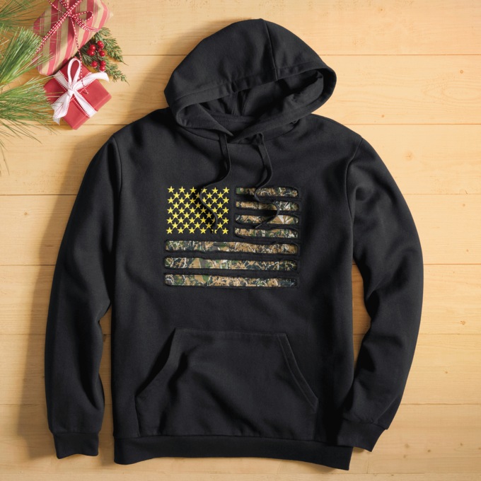 Men's Camo American Flag Print Hoodie with Embroidered Stars in Fleece, , large