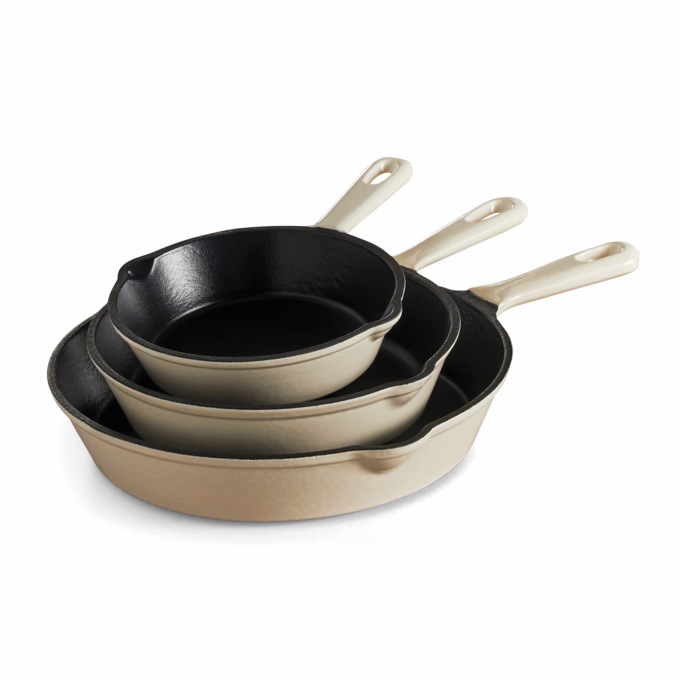 3-Piece Enameled Cast Iron Skillet Set, Cream With Matte Black Interior, large