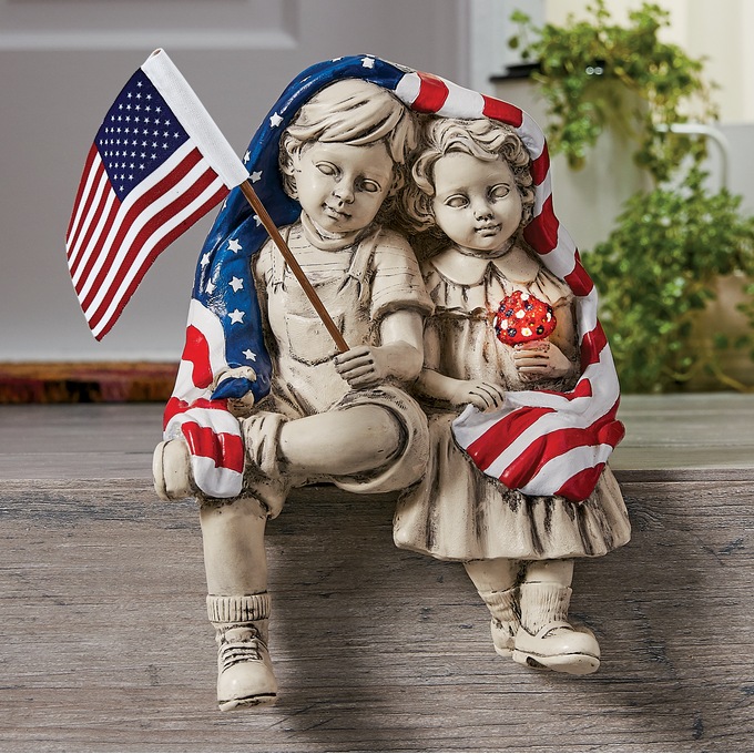 Solar Patriotic Sitting Boy and Girl Statue, , large