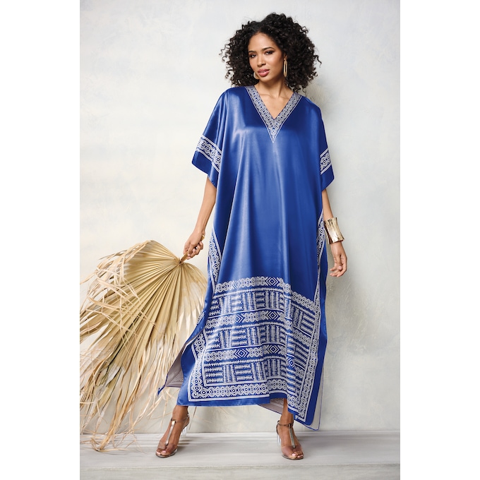 Chi Women's Long Caftan with Regal Border Print, Royal Blue, large