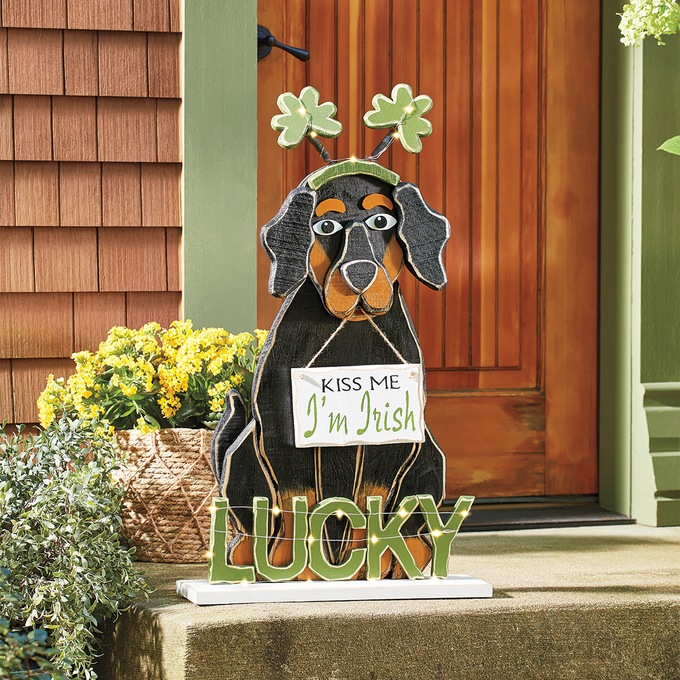 Chunky Wood Lit St. Patty's Dog, , large