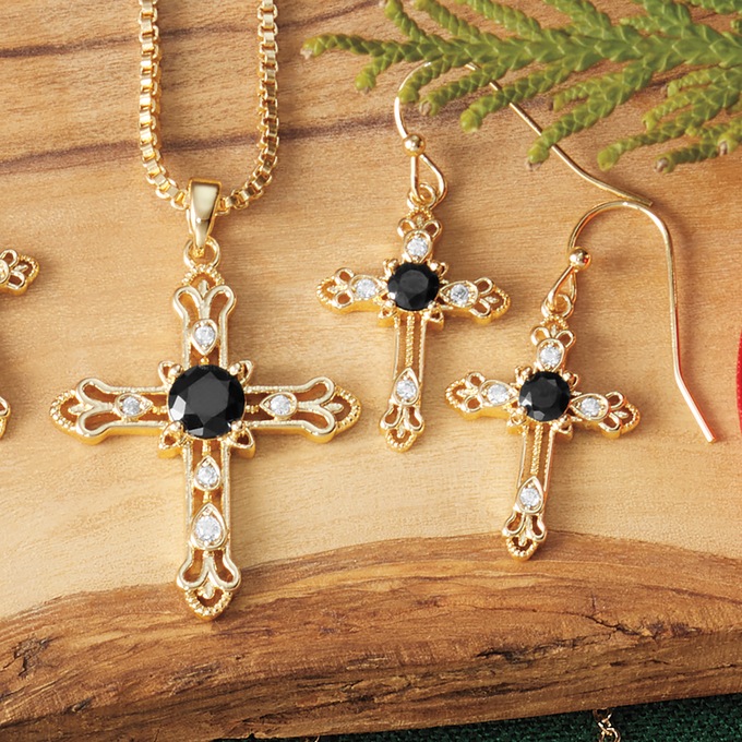 Gemstone Cross Pendant & Earring Set, Sapphire, large