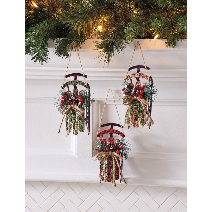 Set Of 3 Burlap Sled Ornaments, , large