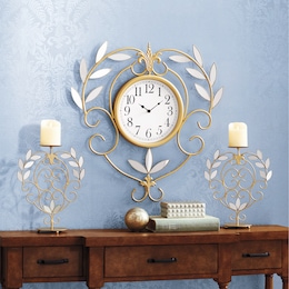 Mirrored Leaves Wall Clock and Candleholders, , large