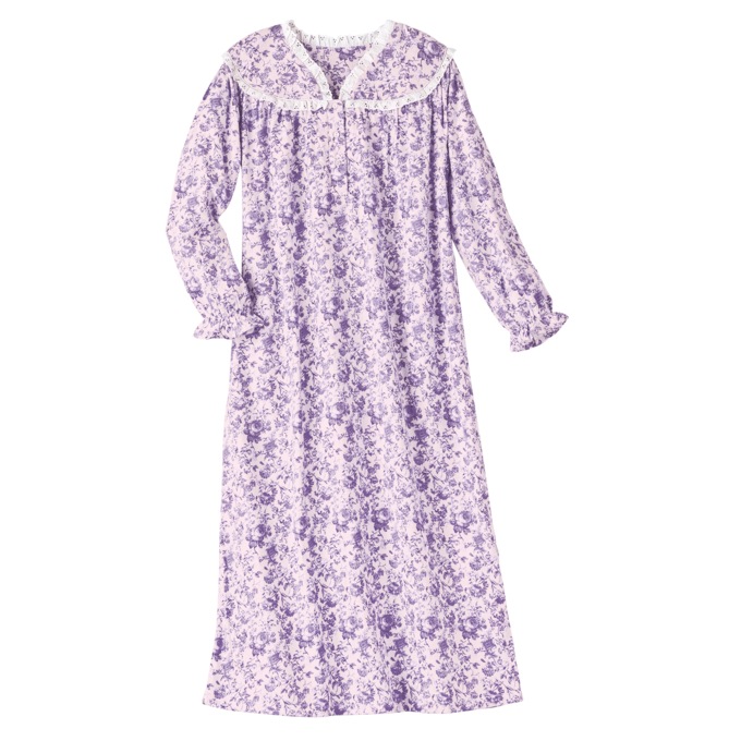 Flannel Cotton Nightgown with Lace Trim, , large