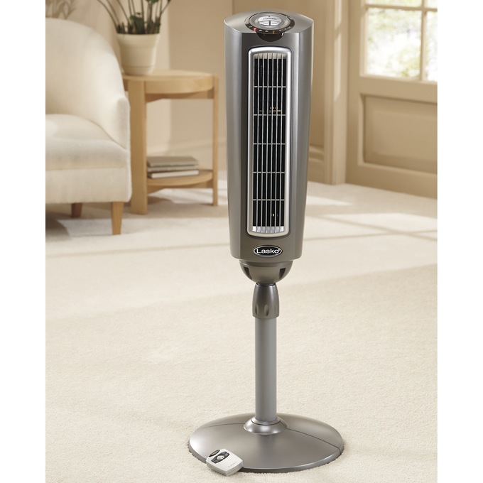Lasko 52" Adjustable Space-Saving Oscillating Pedestal Tower Fan with 3-Speeds, Timer and Remote, Gray, , large