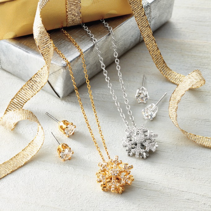 Cubic Zirconia Snowflake Necklace & Earring Set, , large