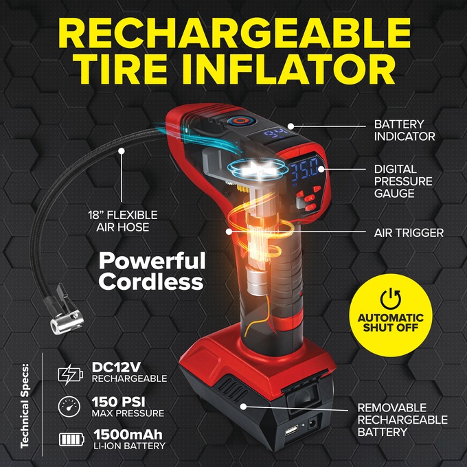 Bulllseye Pro Rechargeable Tire Inflator, , large