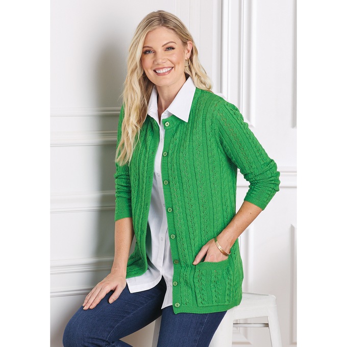Cable Knit Cardigan, Kelly Green, large