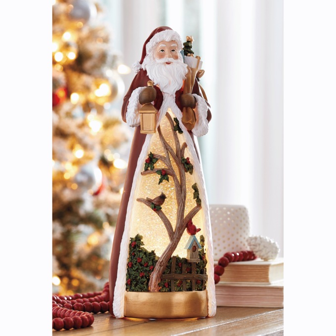 Lit Santa Waterglobe with Cardinals, , large